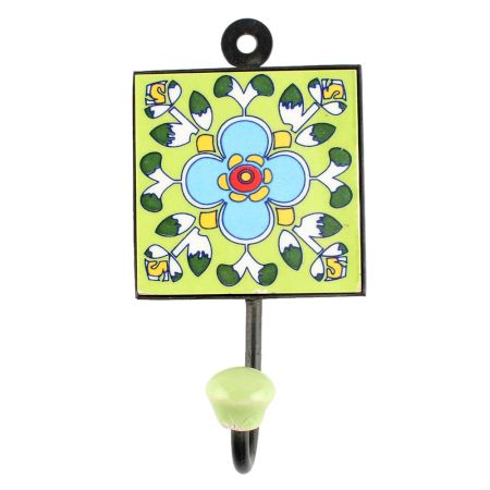 Turquoise Floral Ceramic Tile Hook